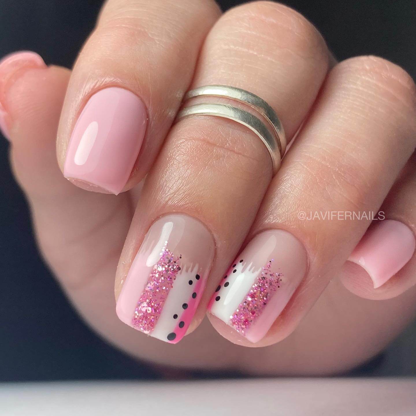 Short Pink Nails With Polka Dots