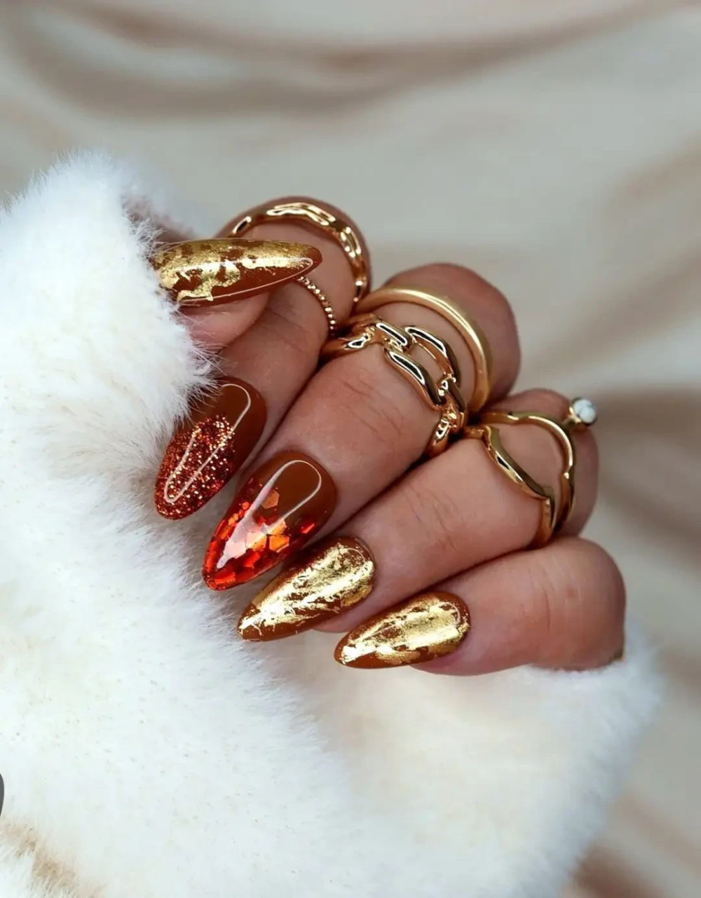 Short Red And Gold Nail Designs With Glitter