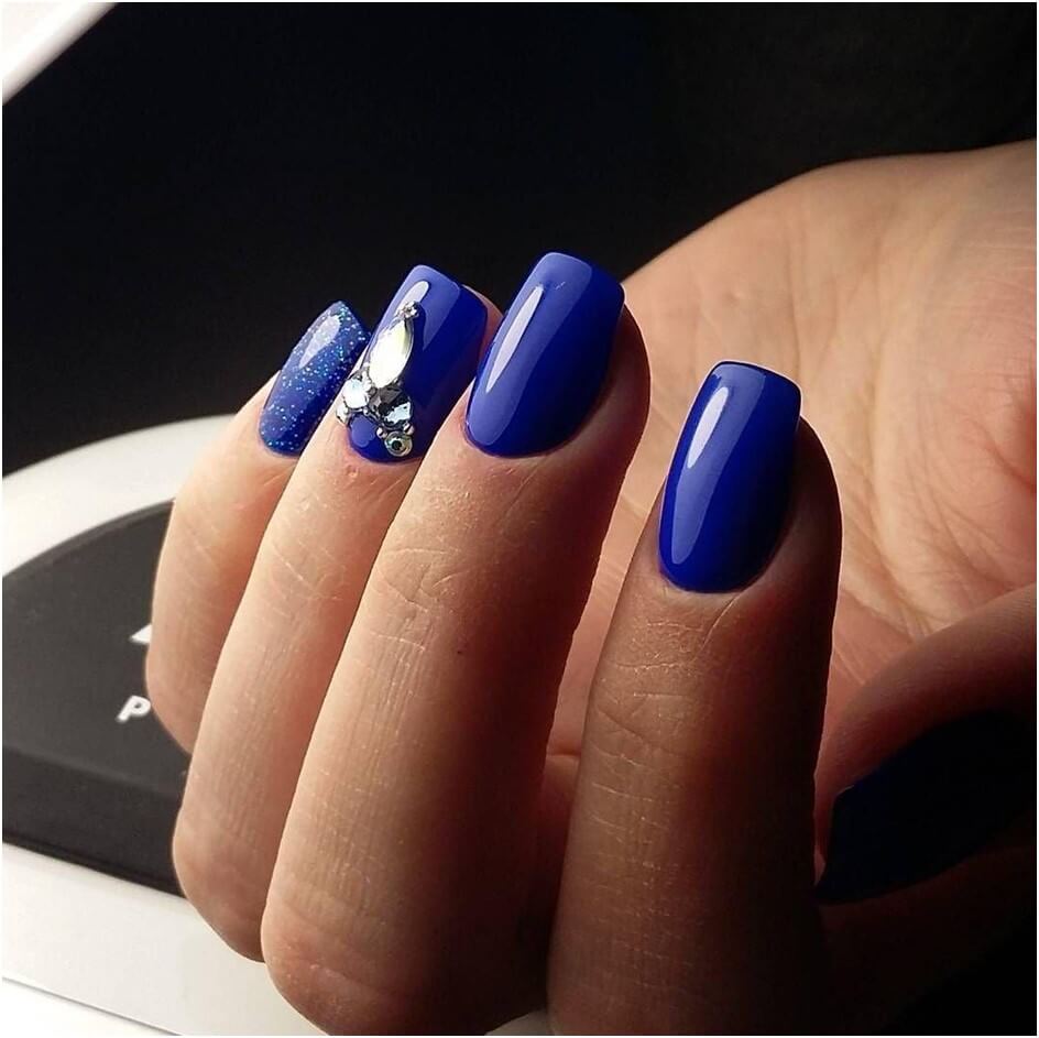 Short Royal Blue Nails With Gemstones