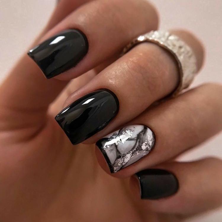 Short Square Black Acrylic Nails With Silver Marble