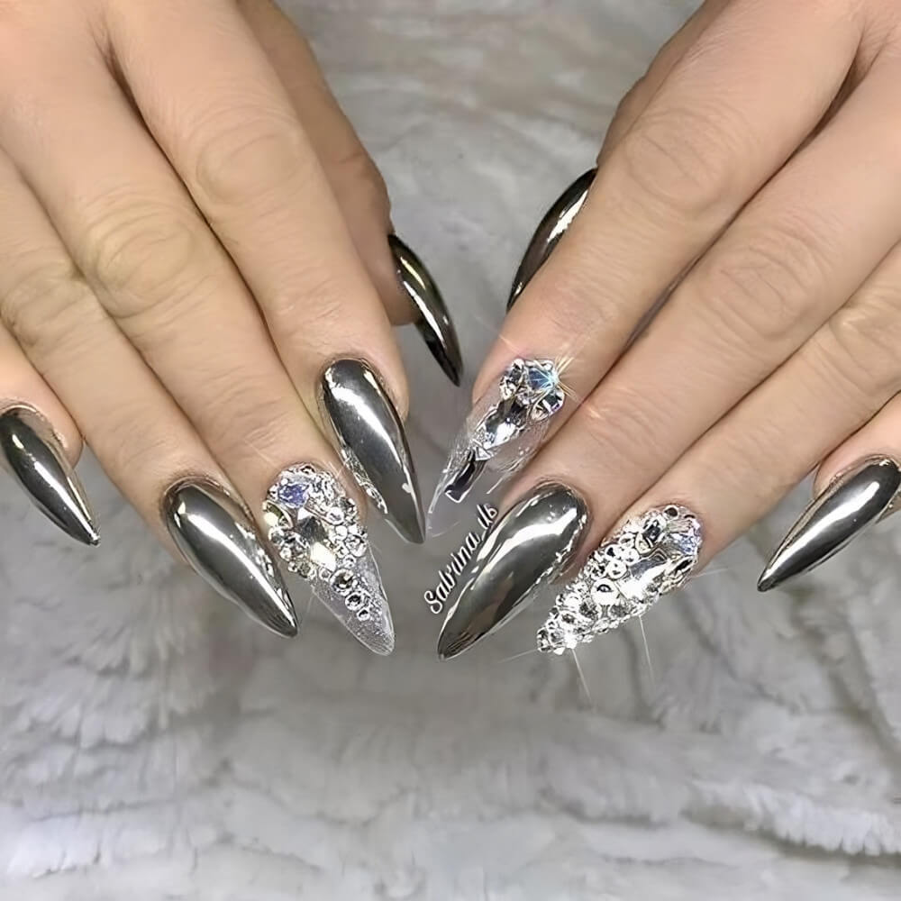 Silver Nails With Gems