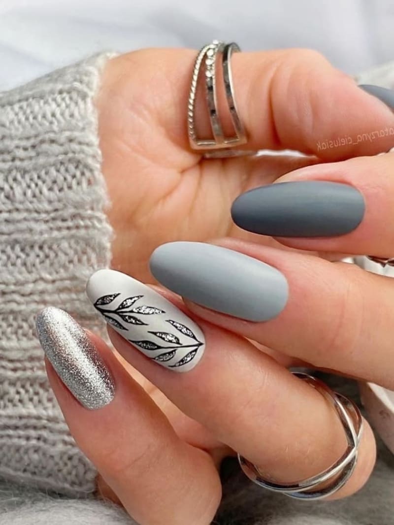 Silver Floral Nail Art