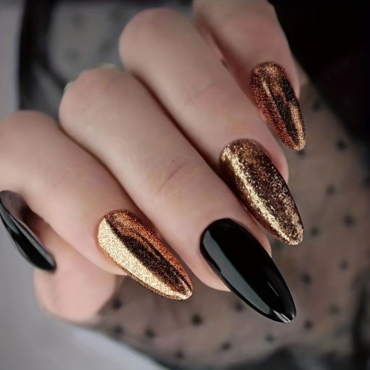 Simple Black And Gold Glittered Nails