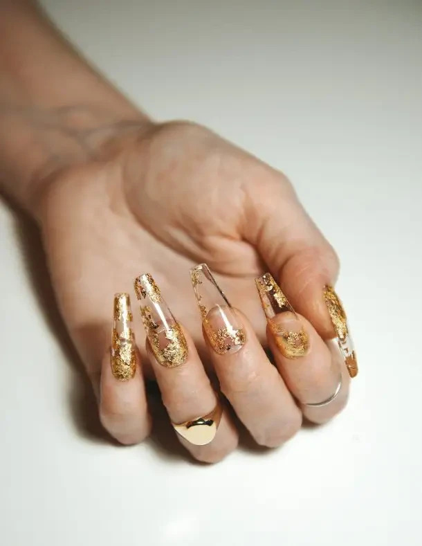 Simple Clear Acrylic Nails With Gold Flakes