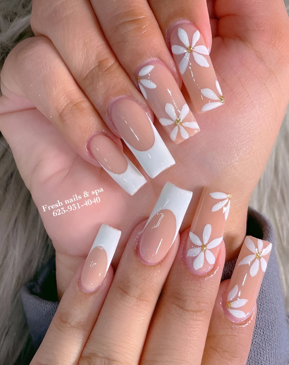 Simple White Floral French Tips