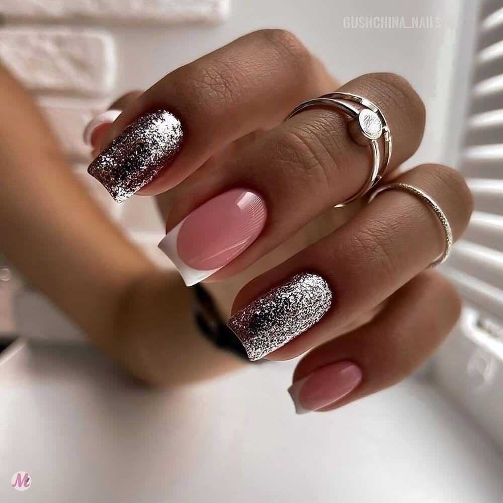 Square Pink And Silver Nails