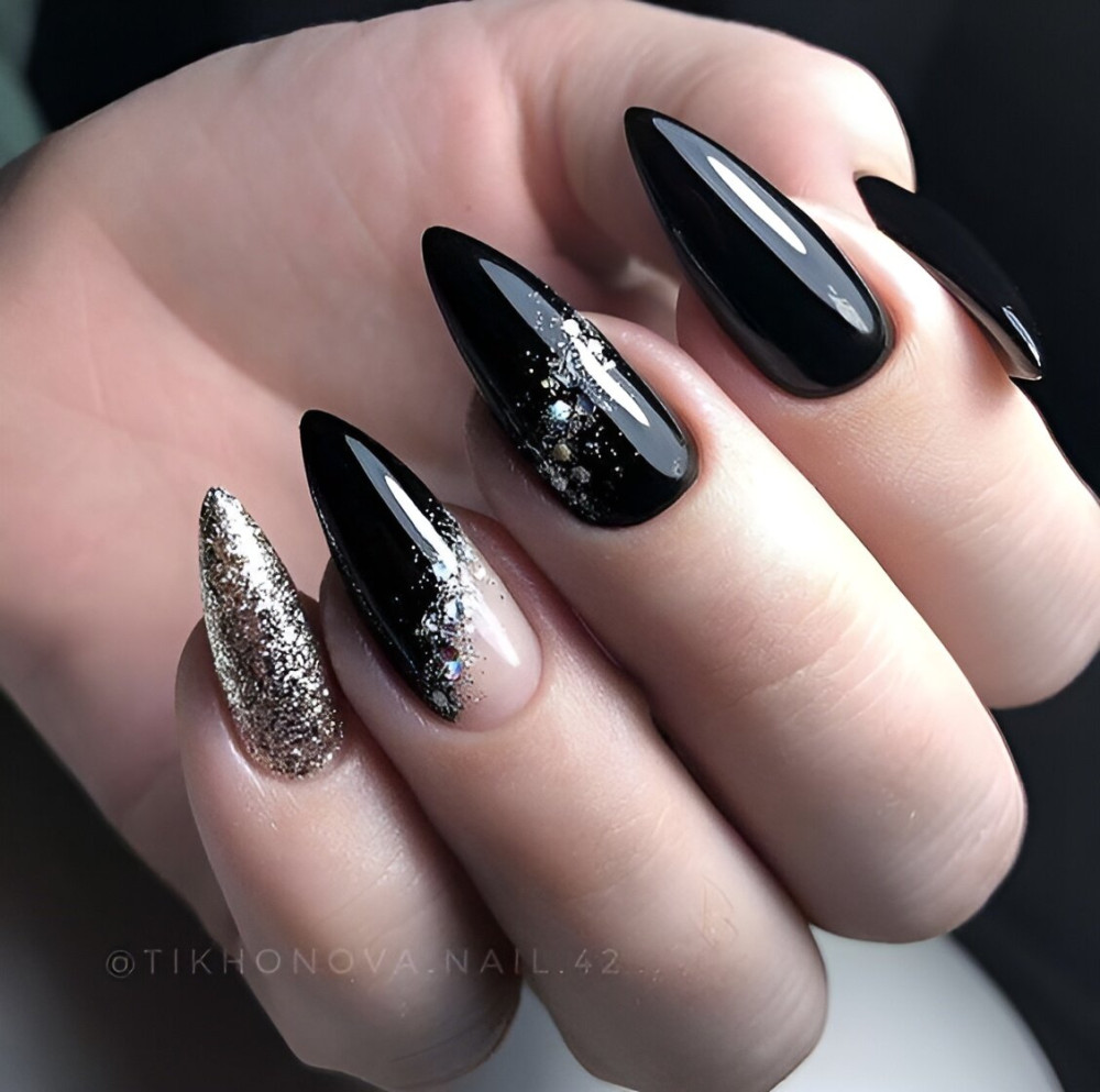 Sultry Black Nail Designs With Glitter