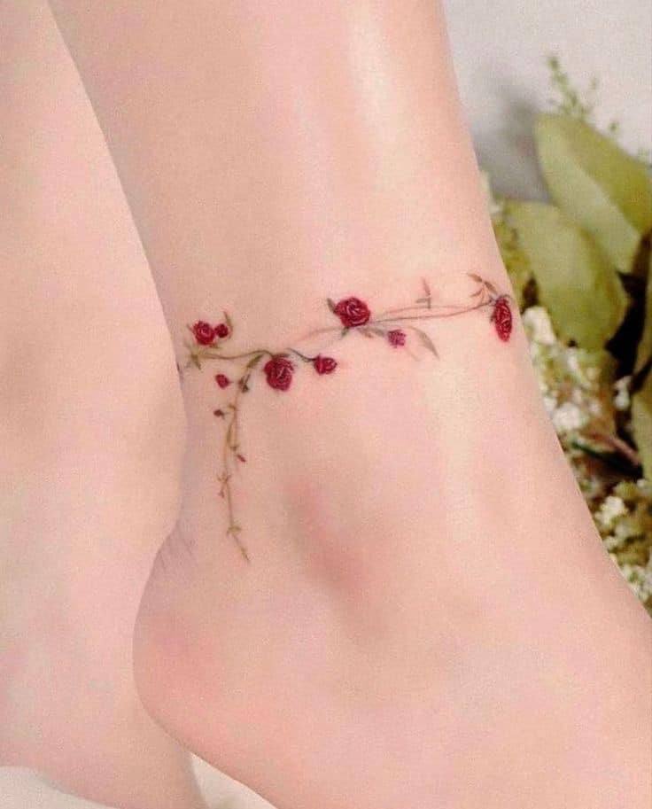 Watercolor Rose Ankle Tattoos