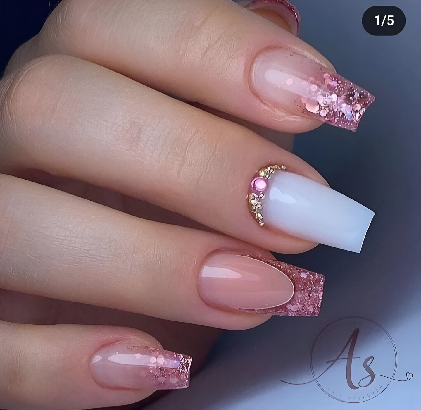 White And Pink Glittered Nails