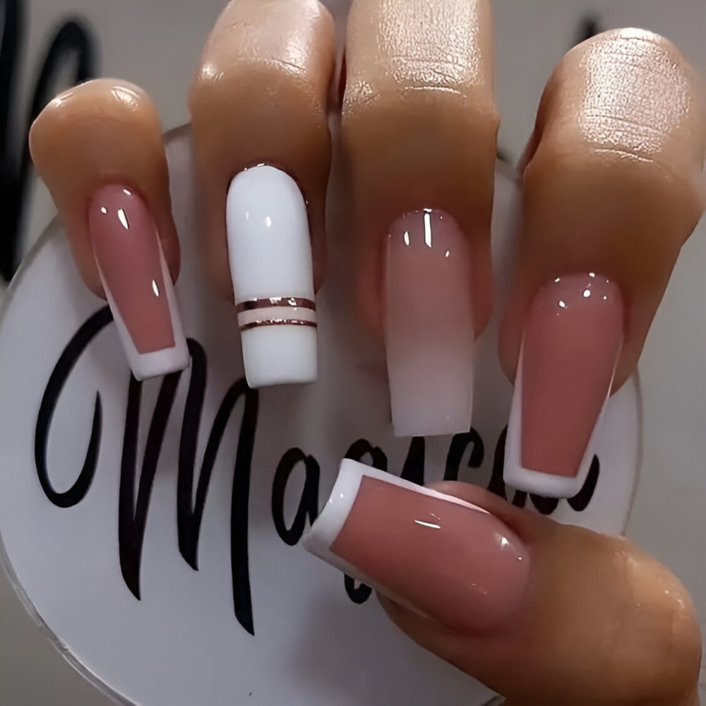 White And Pink Square French Tip Nails