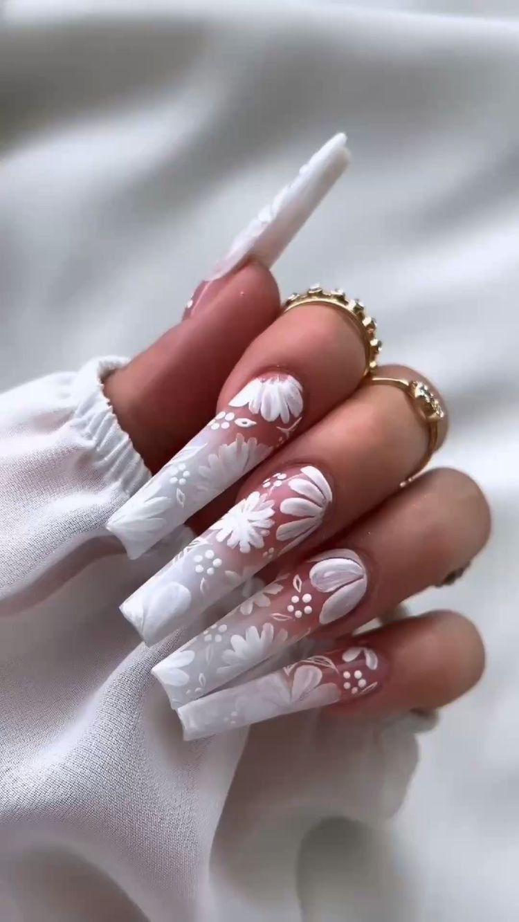 White Floral Wedding Nail Ideas