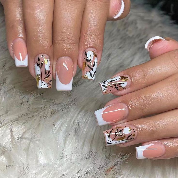 White Square French Tip Nails With Flowers