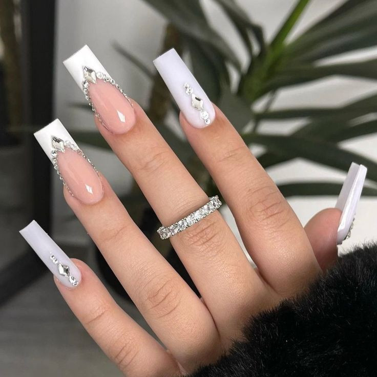White Square French Tip Nails With Gems