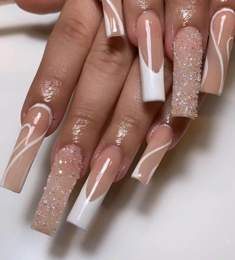White Square French Tip Nails With Glitter