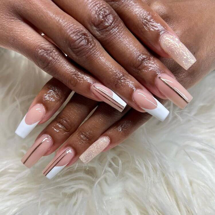 White Square French Tip Nails With Vertical Lines