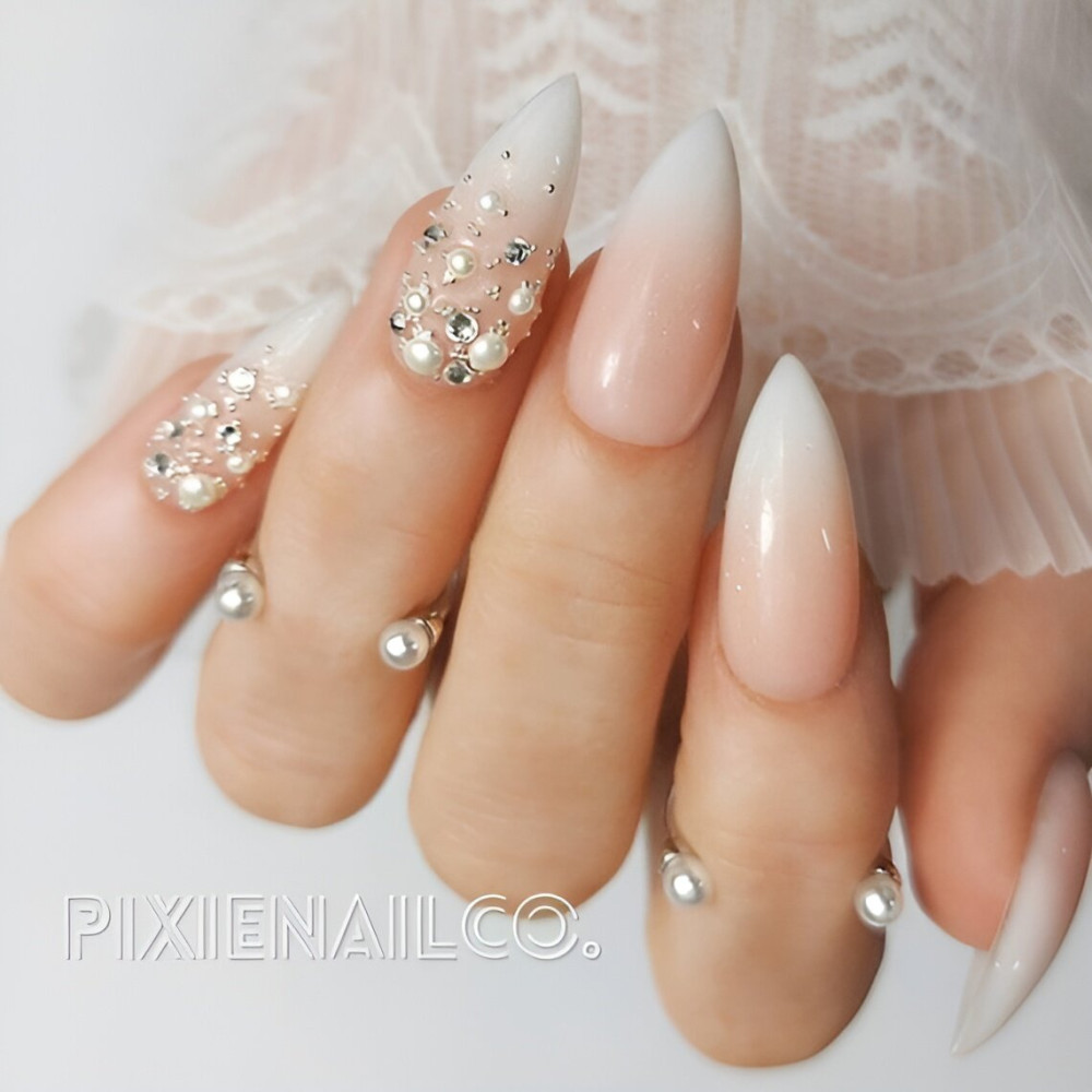 White Wedding Nail Designs With Gemstones