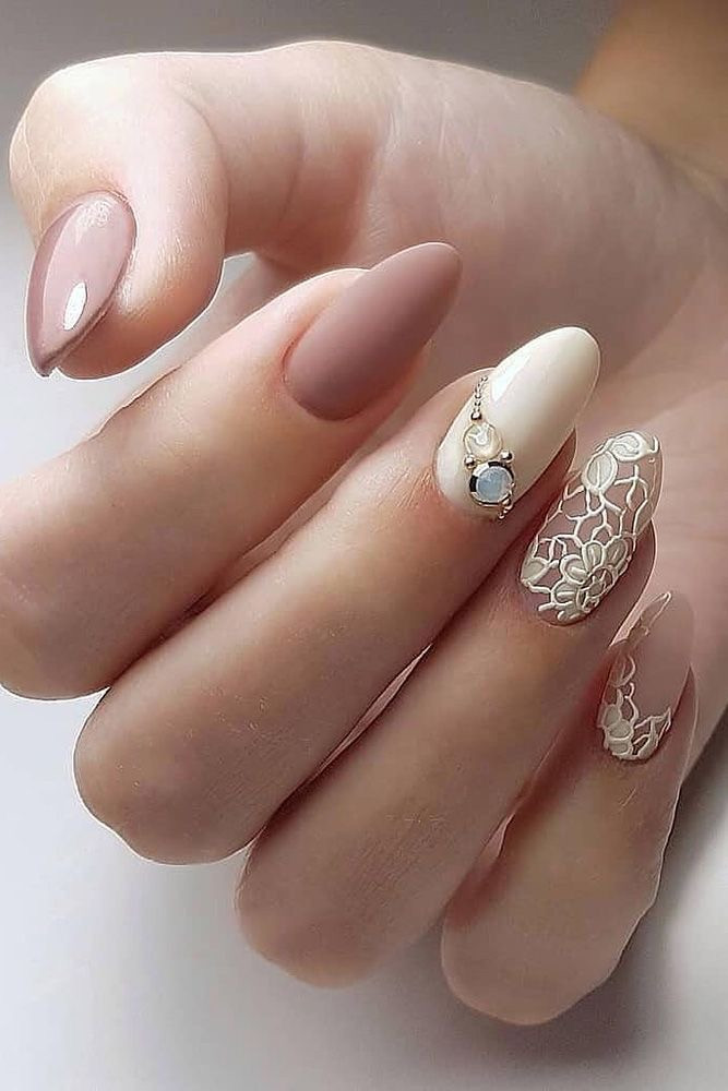 White Wedding Nails With Lace Pattern