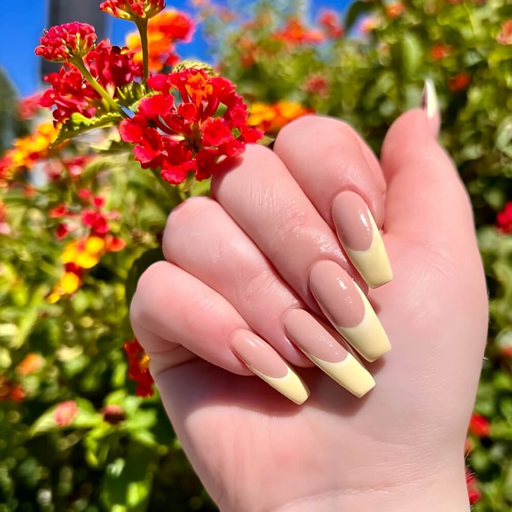 Yellow Pastel Square French Tip Nails