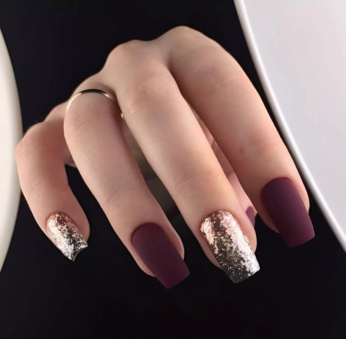 Burgundy Nails With Gold Glitter Accent
