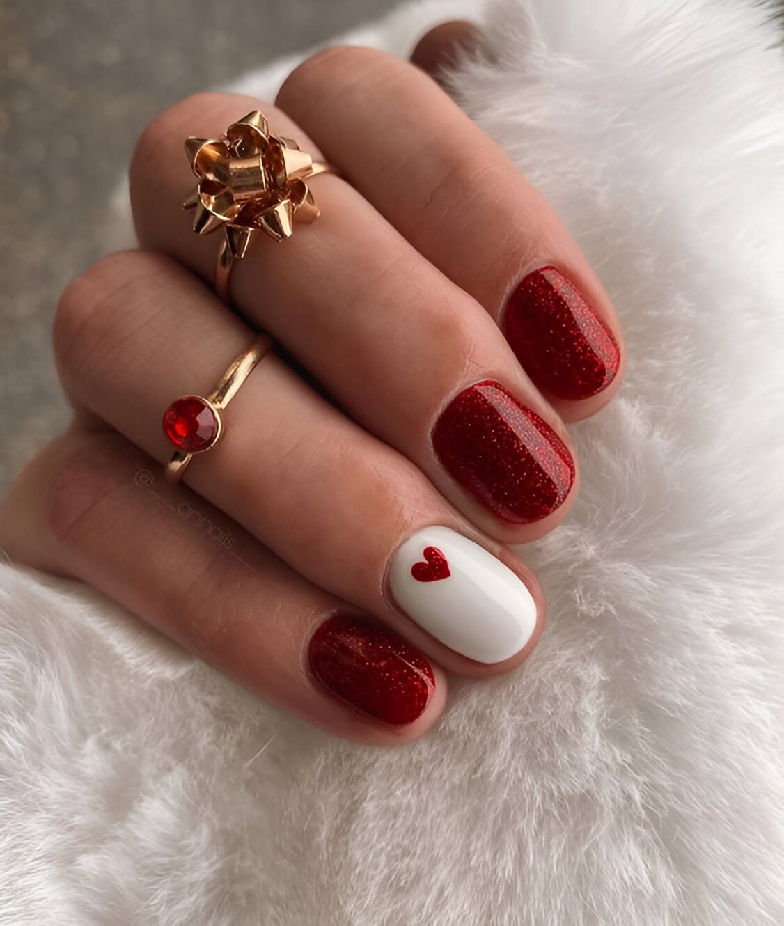Cute White And Red Glitter Nails