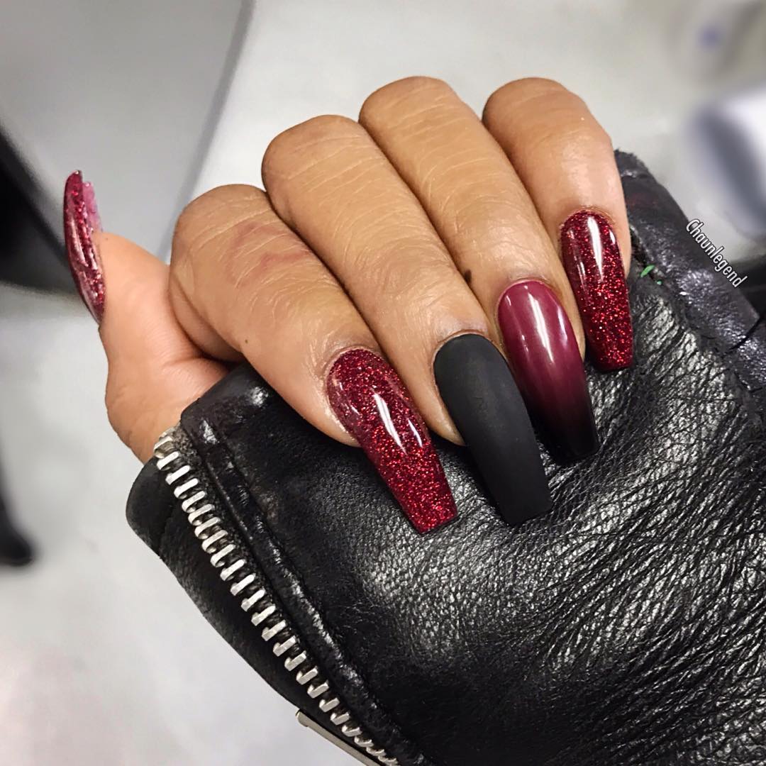 Glamorous Red Wine Nails With Black Accent