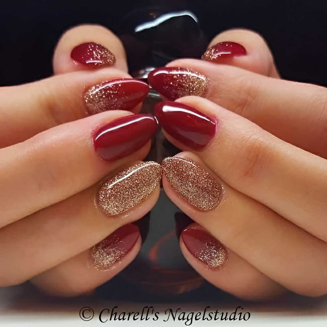 Gold And Red Glitter Nails