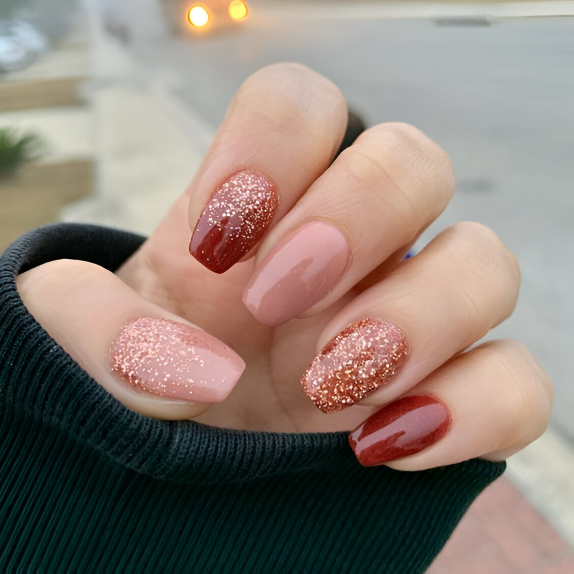 Pink And Red Glitter Nails