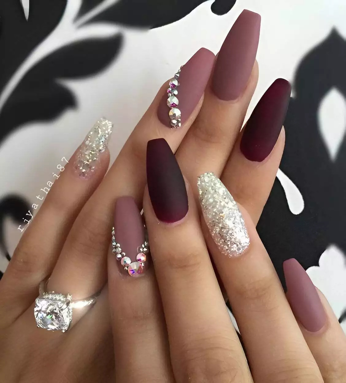 Red Wine Nails With Gemstones