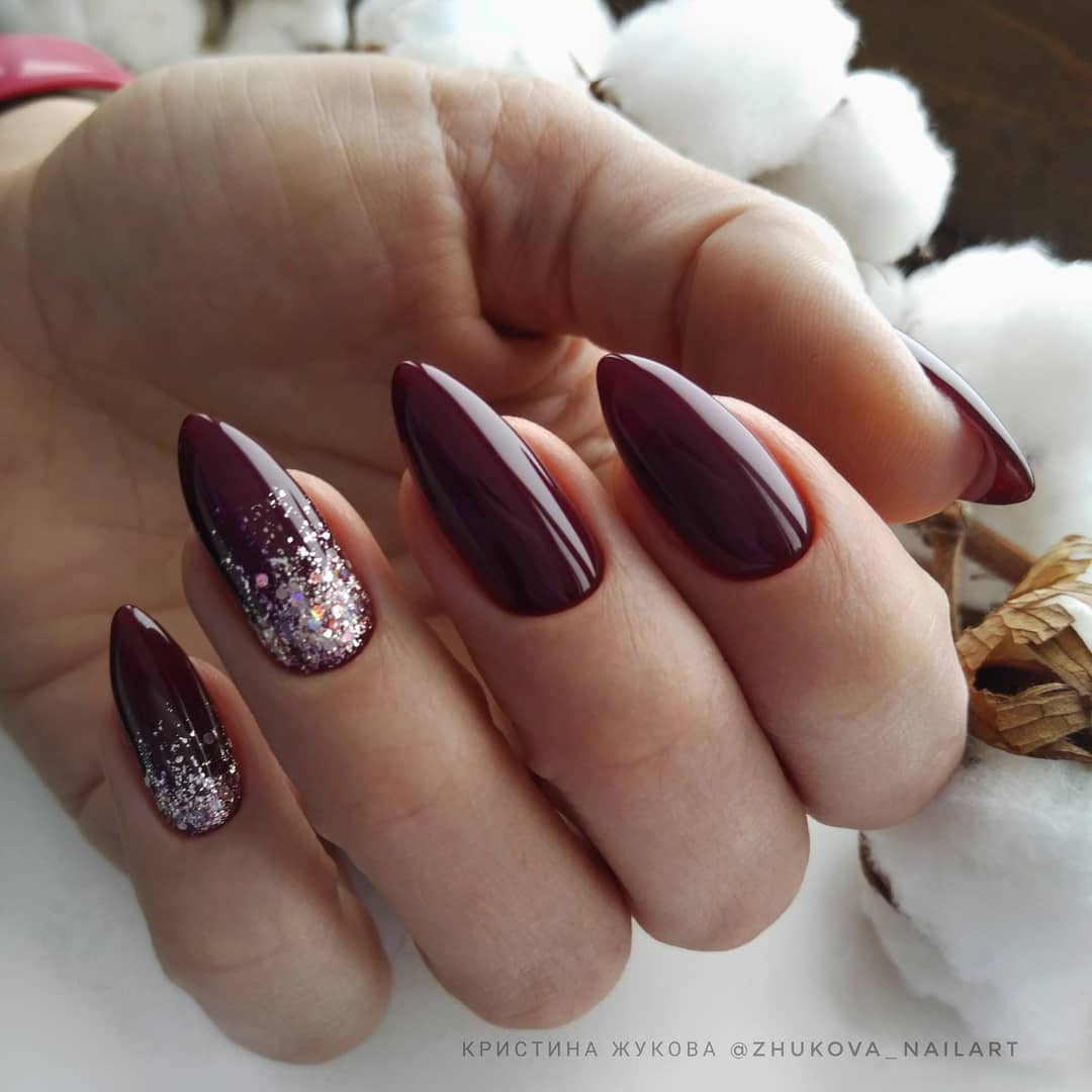 Red Wine Nails With Glitter