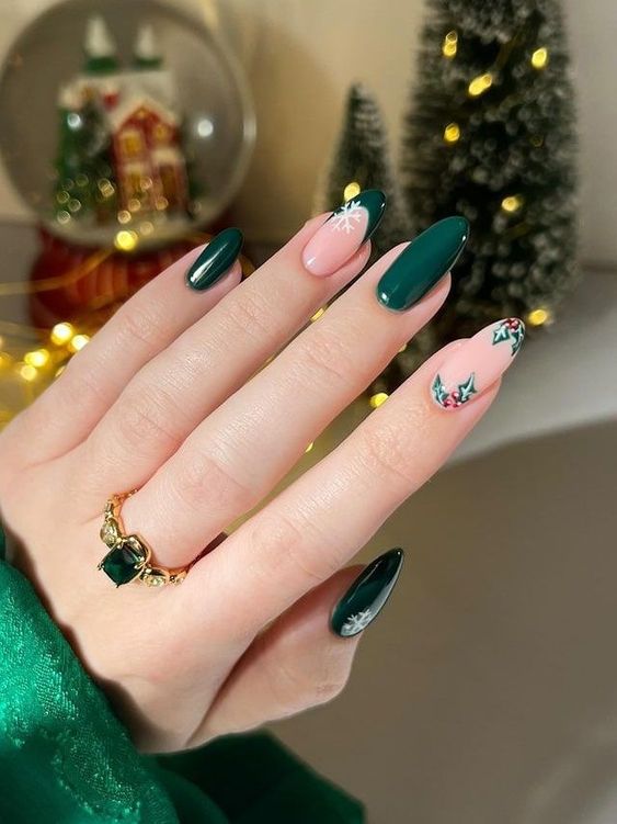 Almond Green Festive Nails