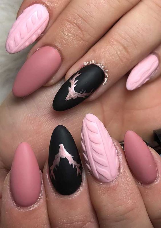 Black And Pink Winter Nails