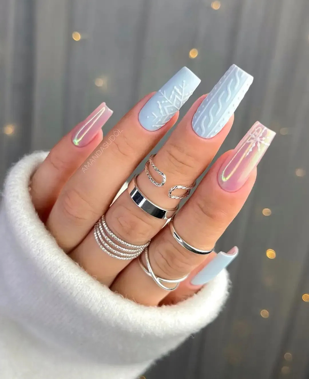 Blue And Pink Simple Christmas Nails