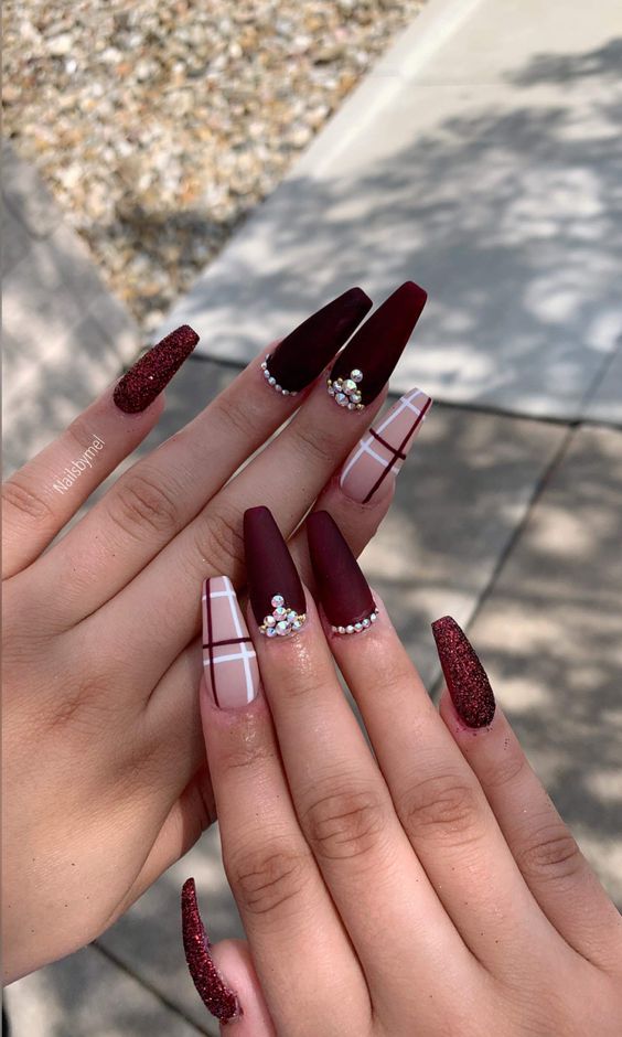 Burgundy Plaided Winter Manicures