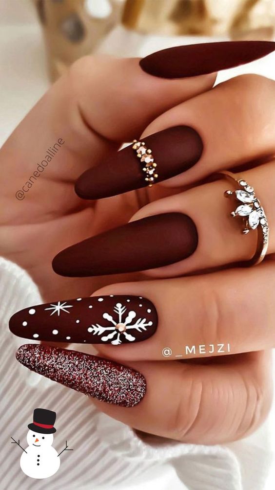 Burgundy Winter Manicures With Snowflakes