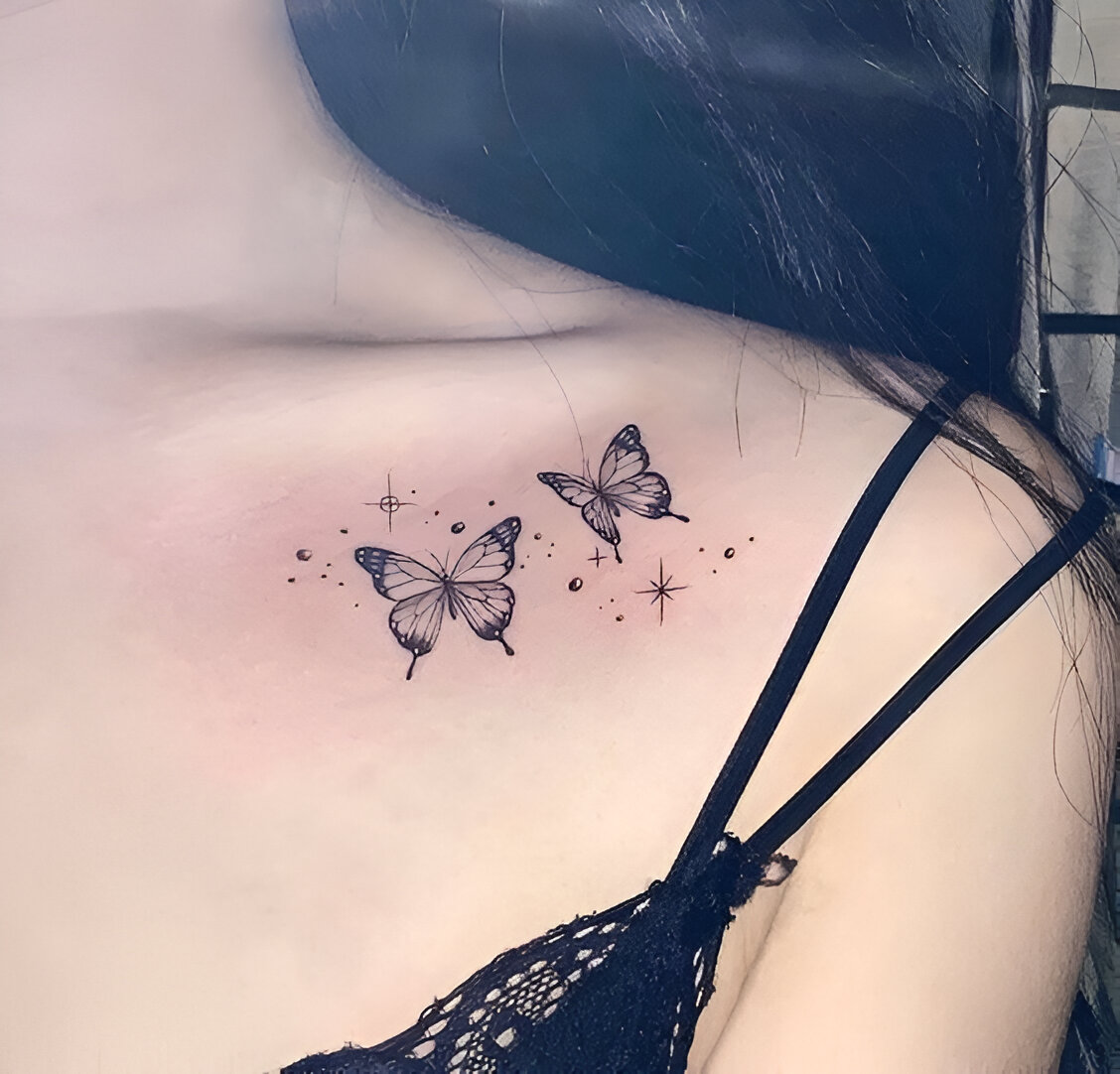 Feminine Butterfly Tattoos On Collarbone