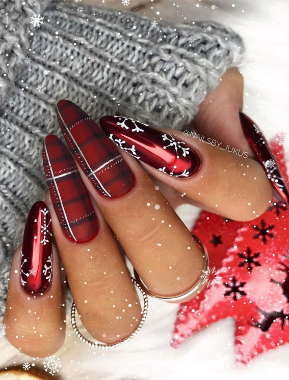 Festive Manicure Ideas With Red Plaided Design