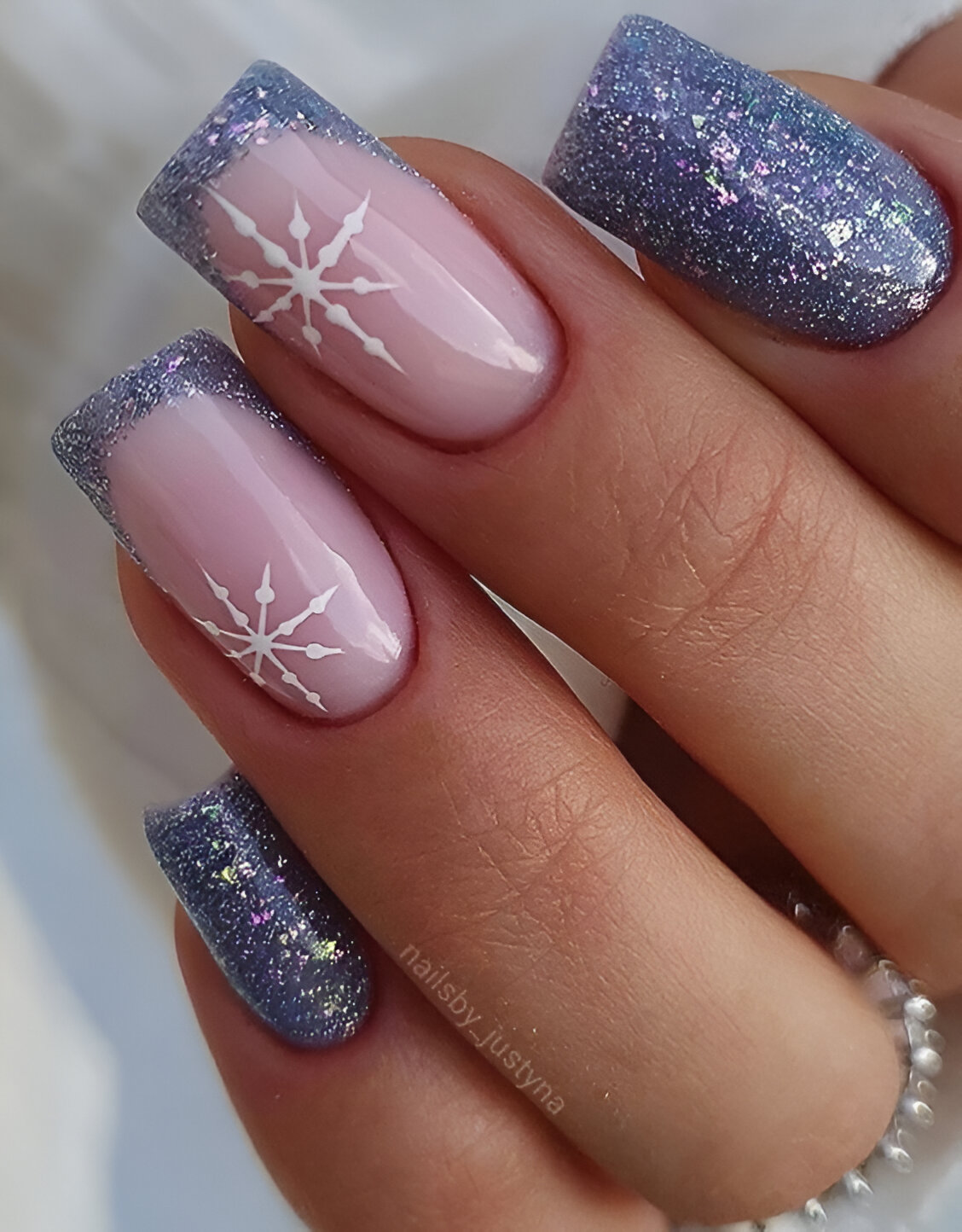 Glittered Blue Snowy French Tips