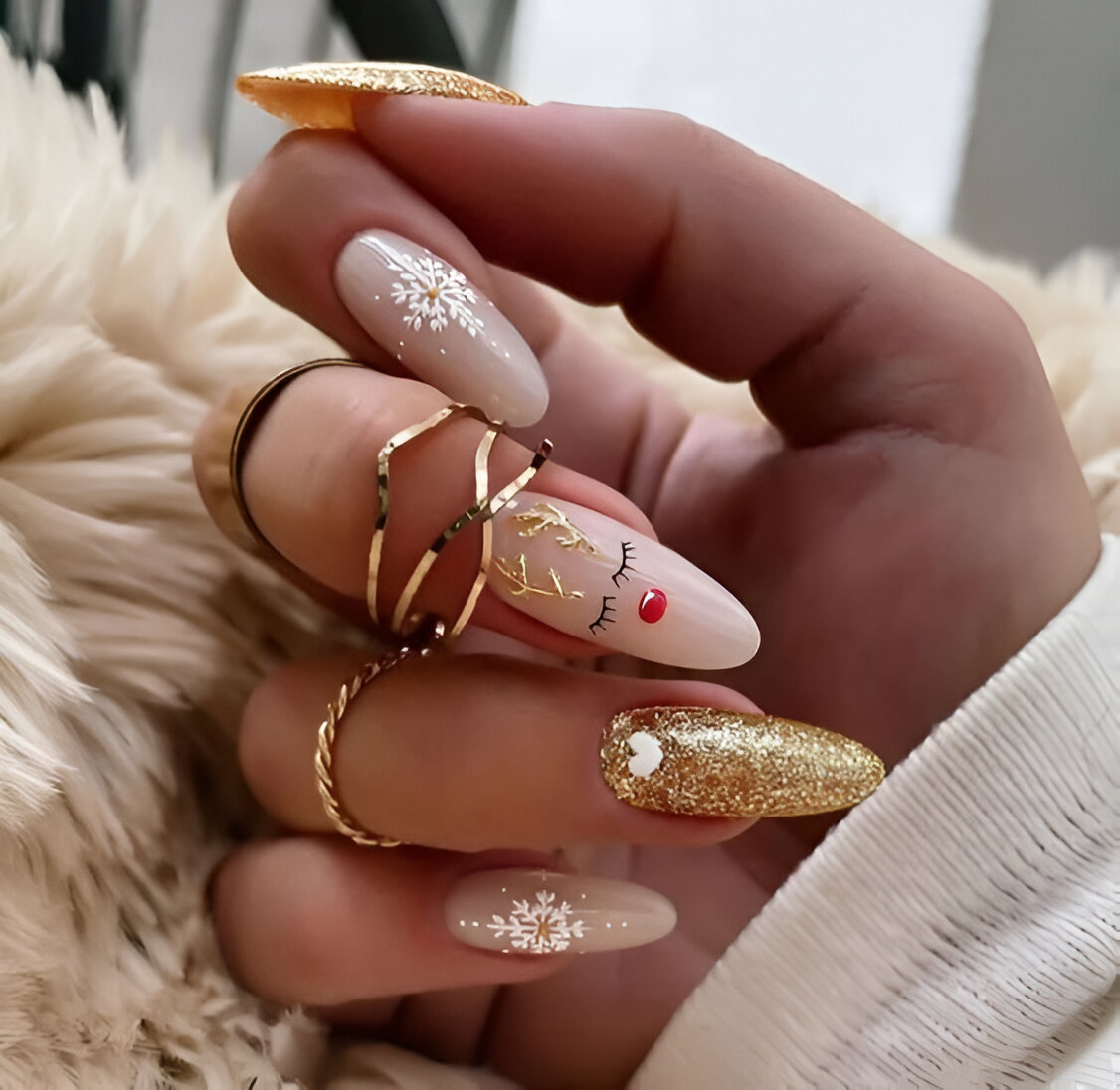 Gold Reindeer Festive Nail Art