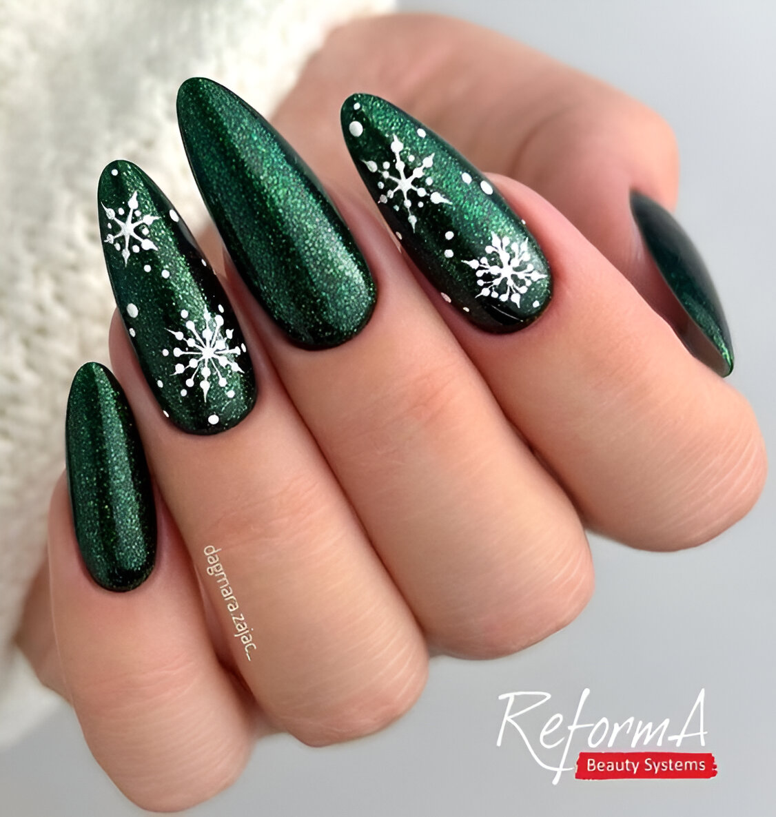 Green Nails With Snowflake Design