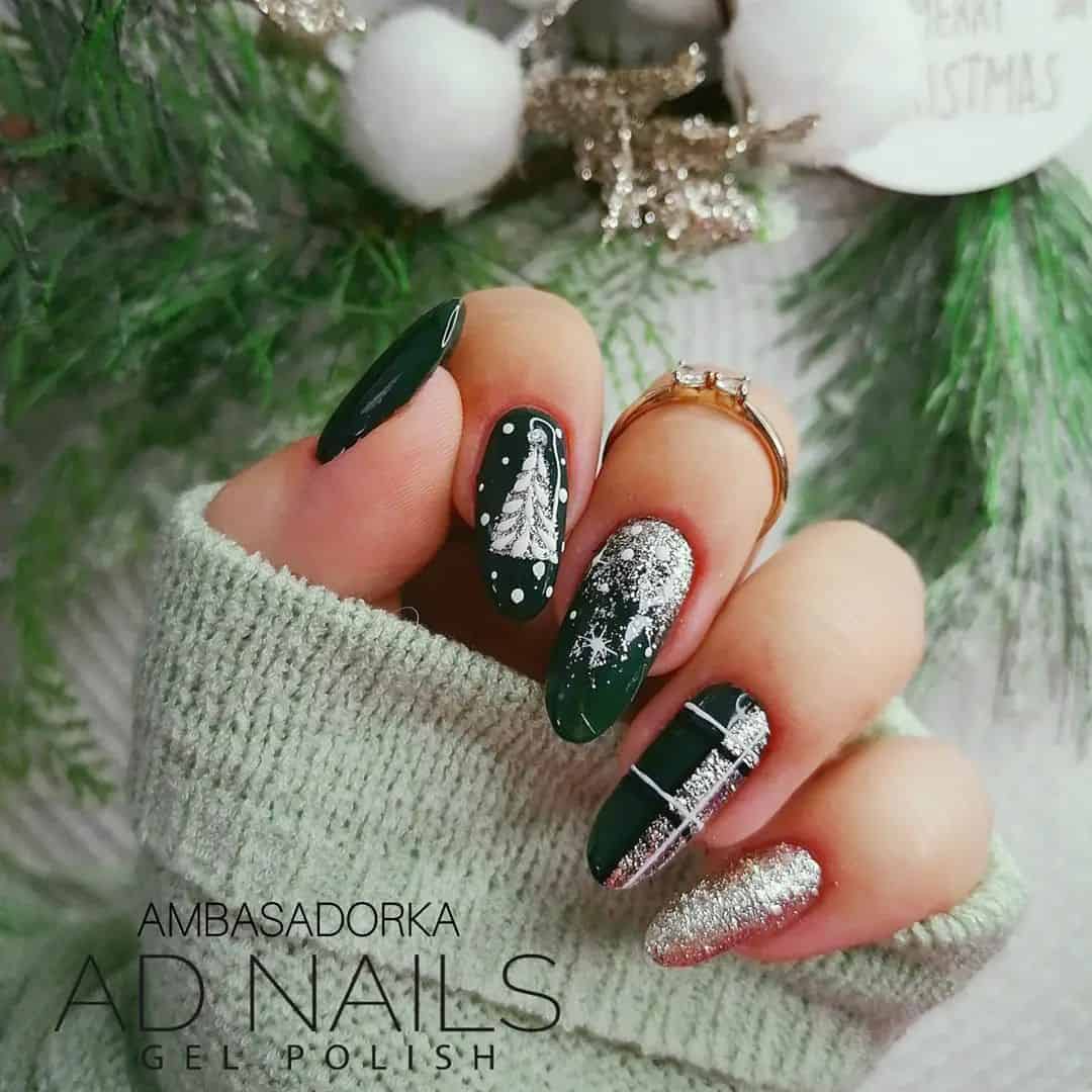 Green Nails With White Christmas Tree