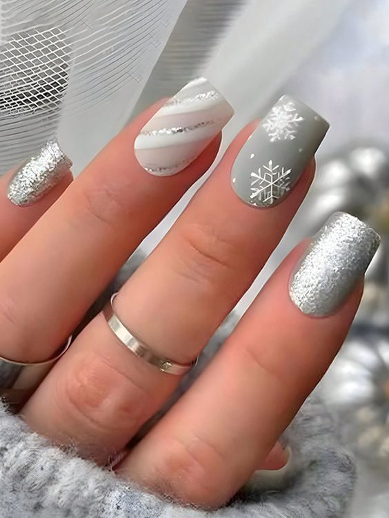 Grey Snowy Nails