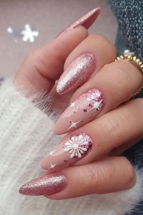 Matte And Glittered Winter Manicures