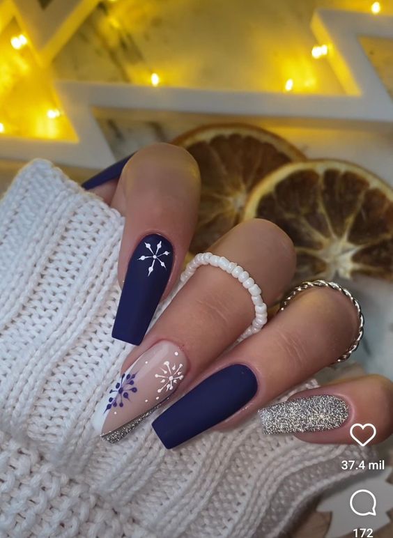Matte Blue Snowy Nails