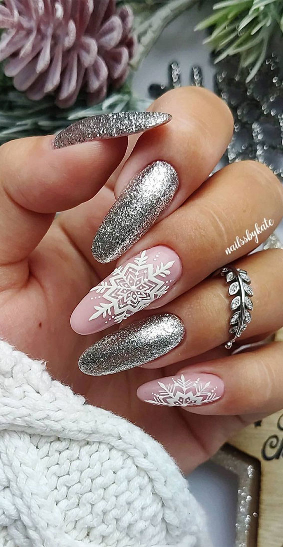 Pink And Silver Glittered Festive Manicure Ideas