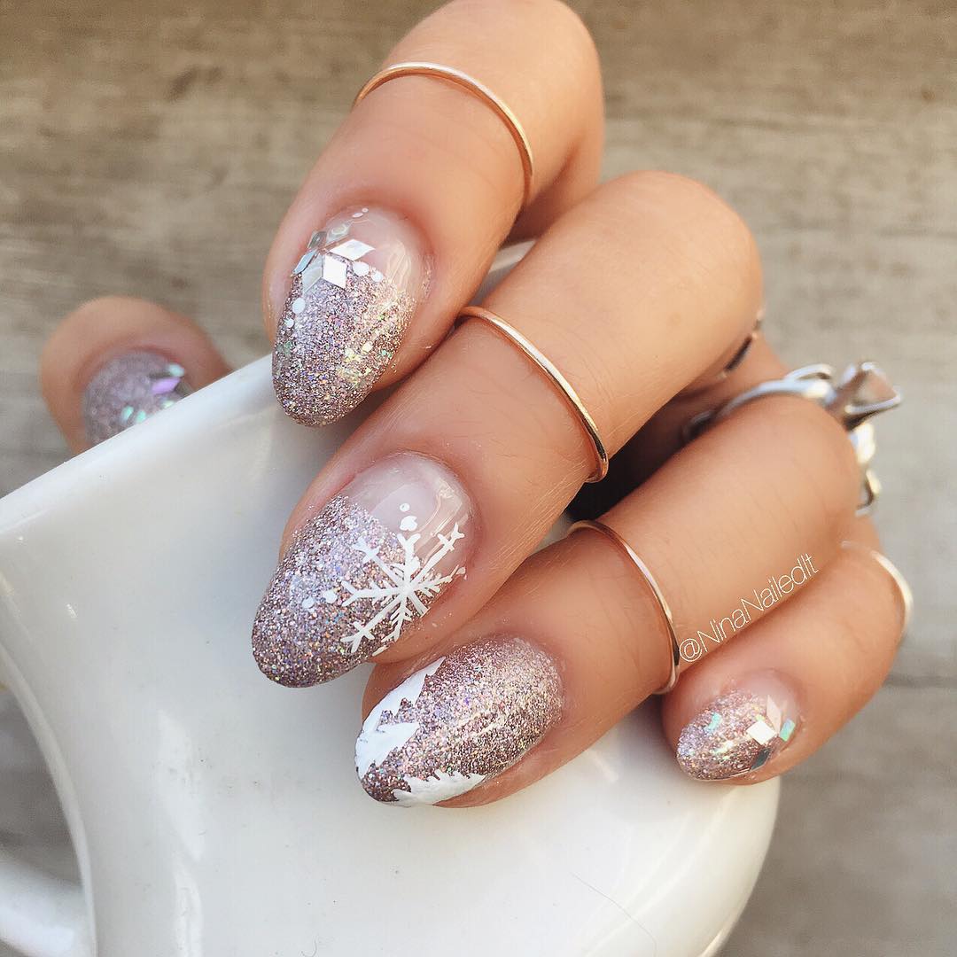 Pink Glittered Nails With Snowflakes