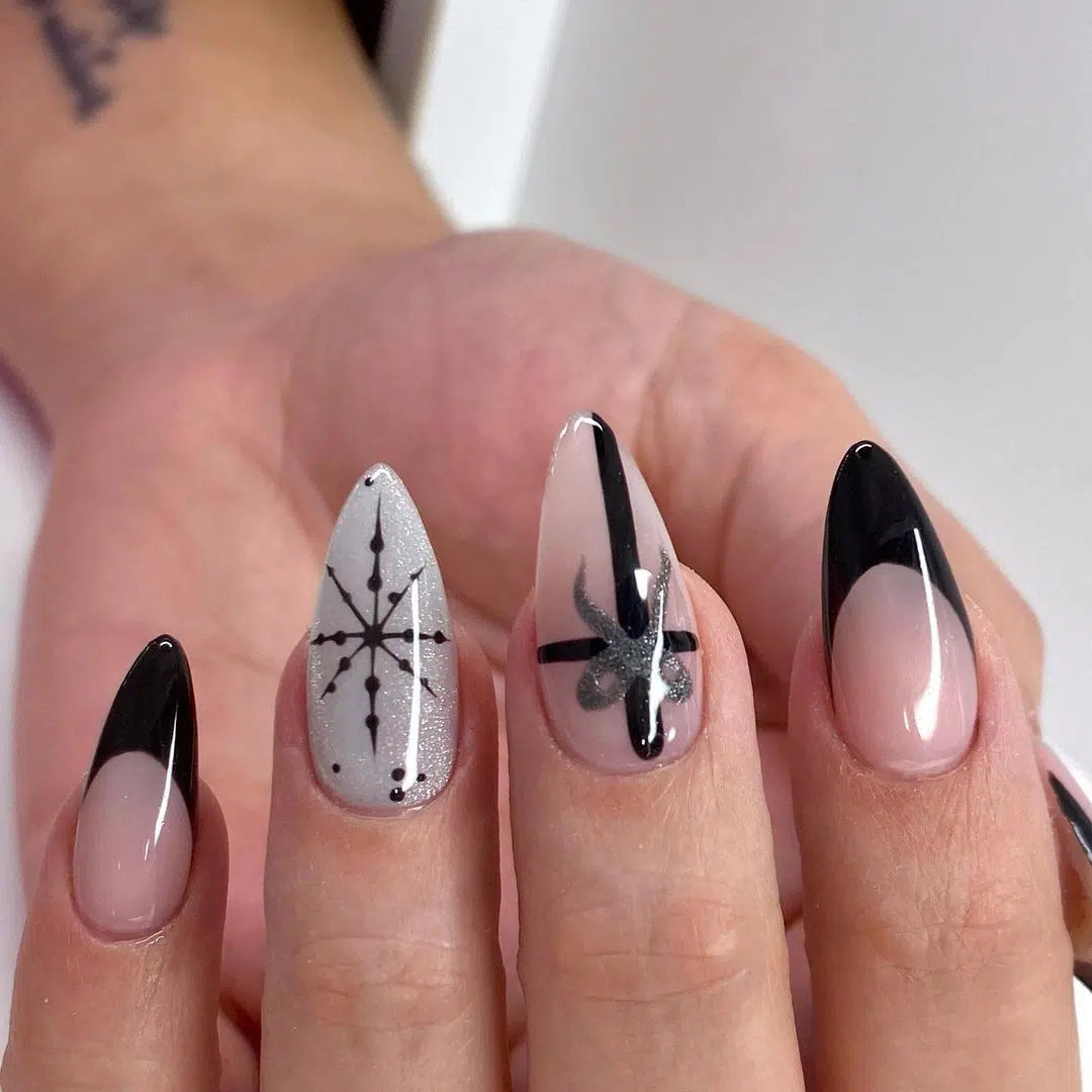 Pointy Black And White Nails