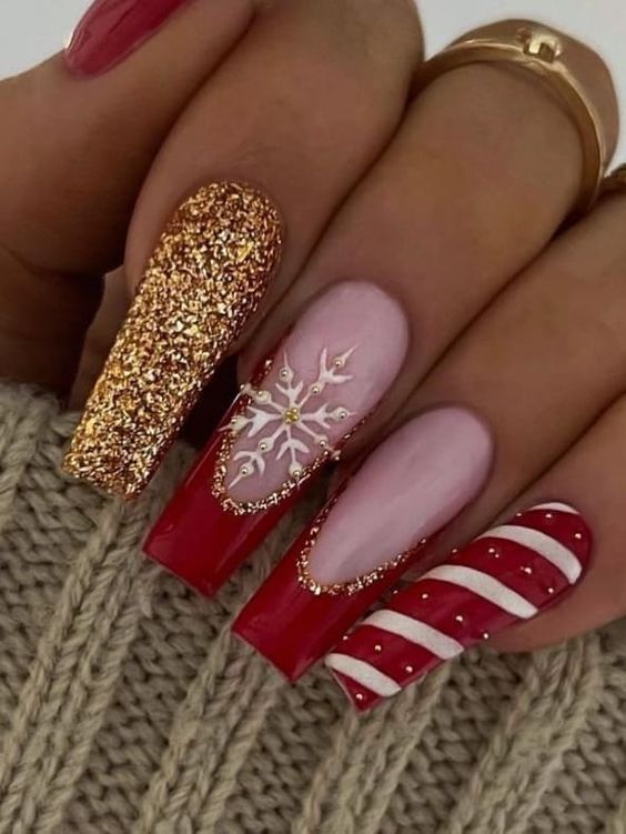 Red Nails With Gold Accent