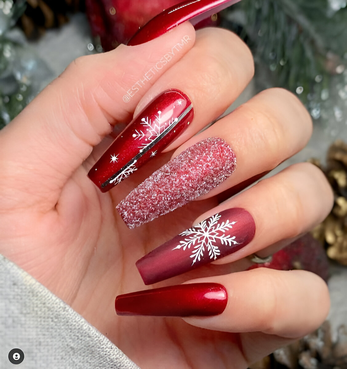 Red Nails With Snow Design