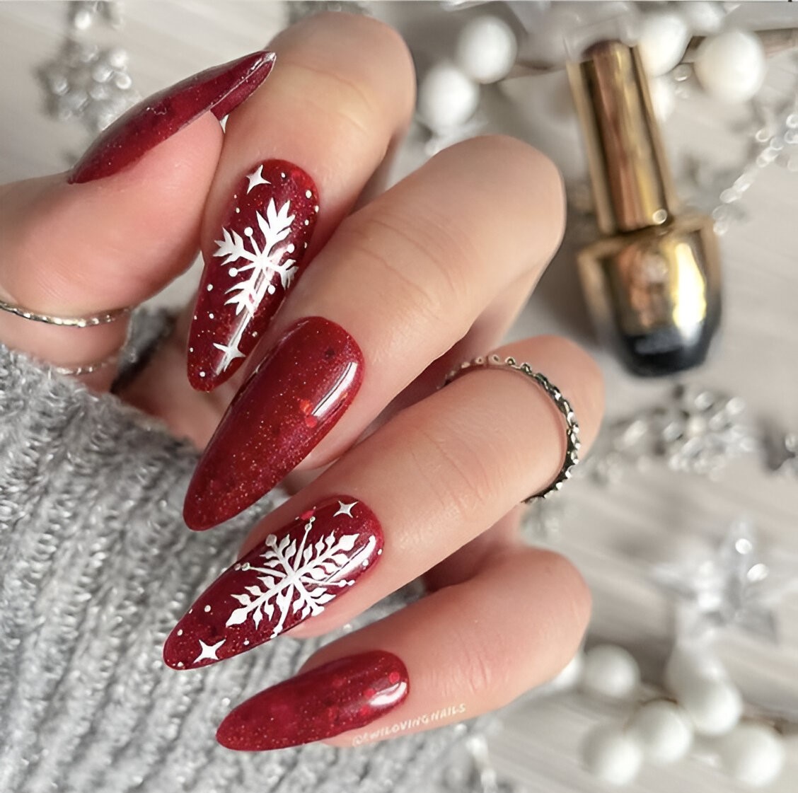 Red Nails With Snowflakes