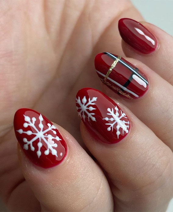 Short Red Nails With White Snowflakes